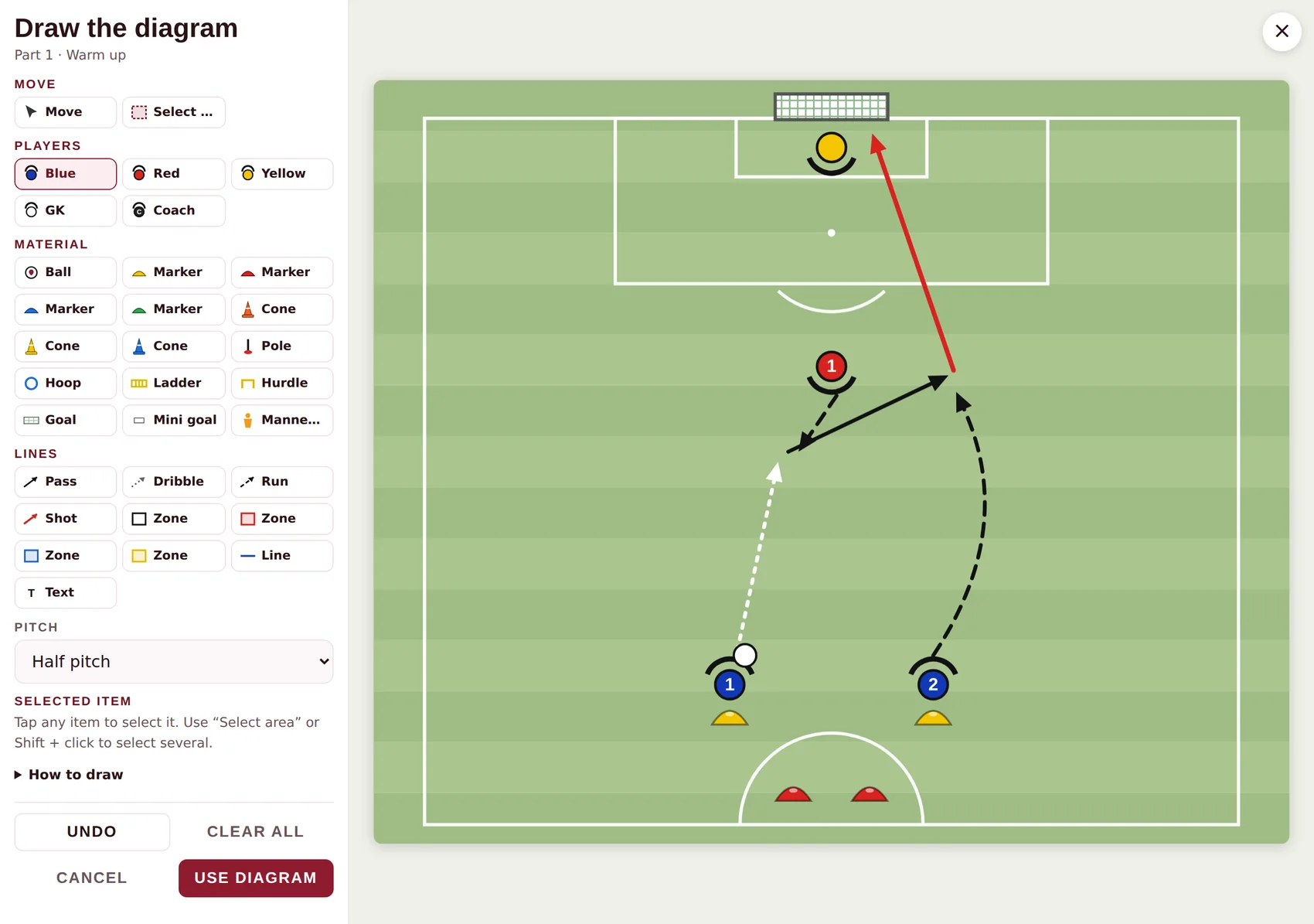 The tactical board with its tools: players, material, lines and zones.